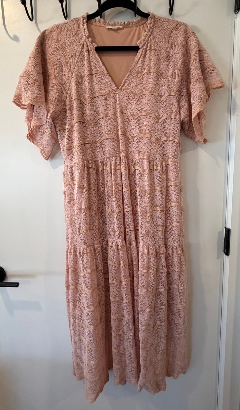 Tea N Rose Blush Pink Lace Midi Dress Tiered Boho Cottagecore Garden Party